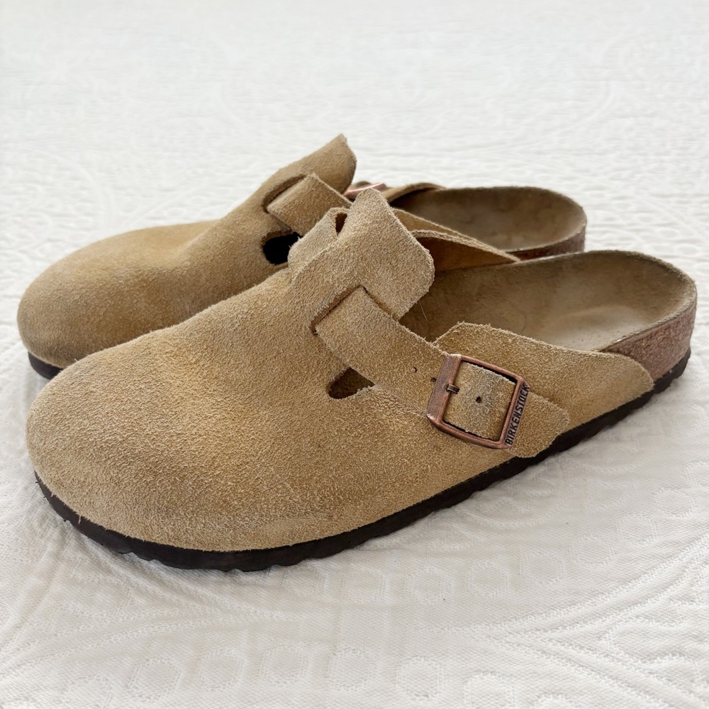 Birkenstock Suede Leather Boston Clogs, Tan Sz 40